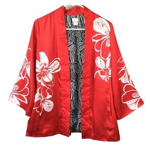 Chicos Kimono Jacket Womens 0 Red‎ White Floral Open Front 100% Polyester 4/6